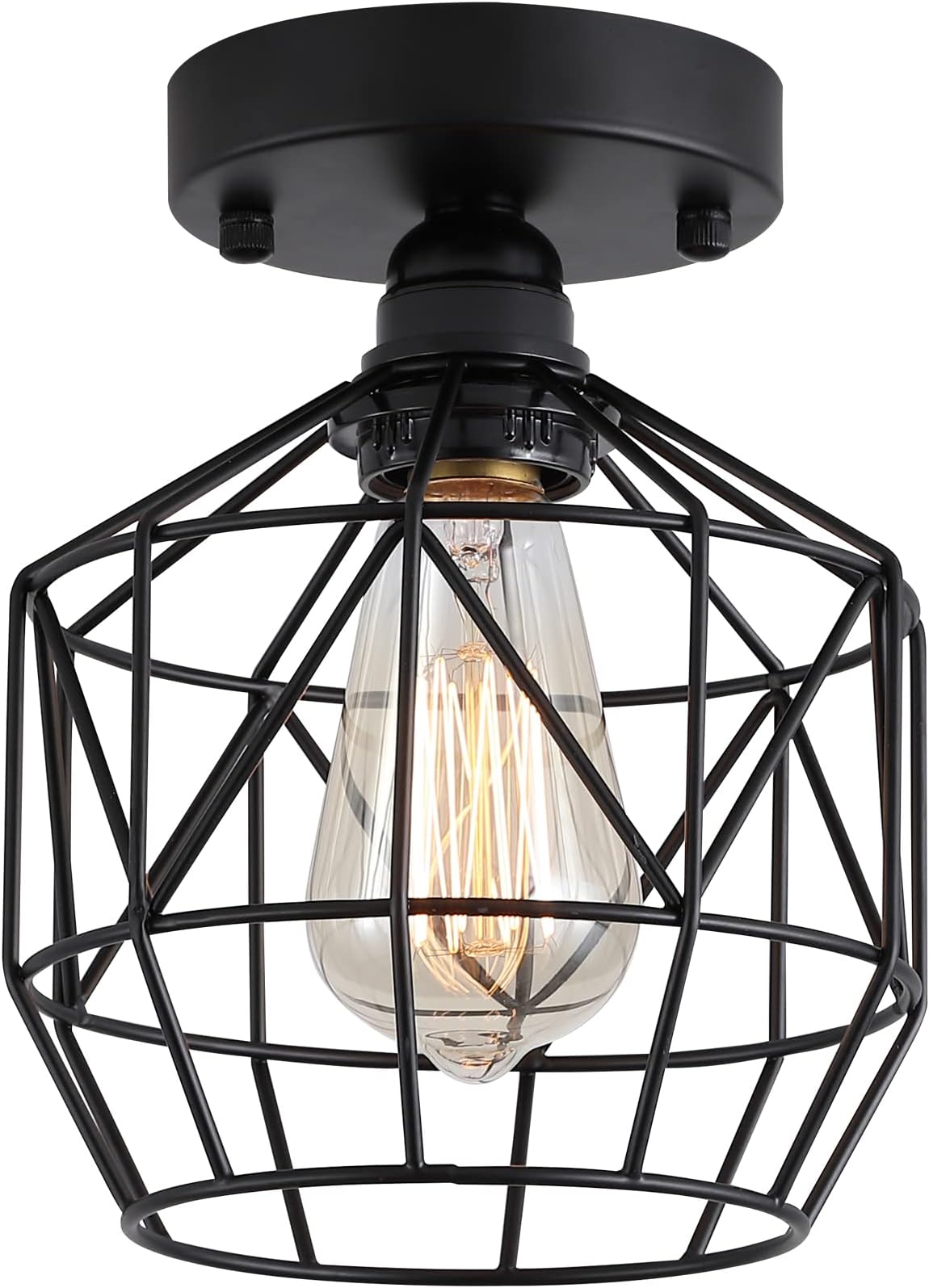Q&S Black Semi Flush Mount Ceiling Light Industrial Vintage Retro Cage RV Small Ceiling Light Fixture for Hallway Closet Kitchen Stairway Bedroom