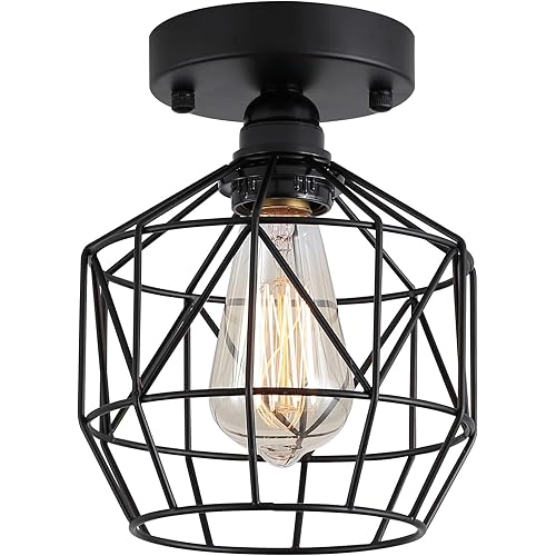 Q&S Black Semi Flush Mount Ceiling Light Industrial Vintage Retro Cage RV Small Ceiling Light Fixture for Hallway Closet Kitchen Stairway Bedroom