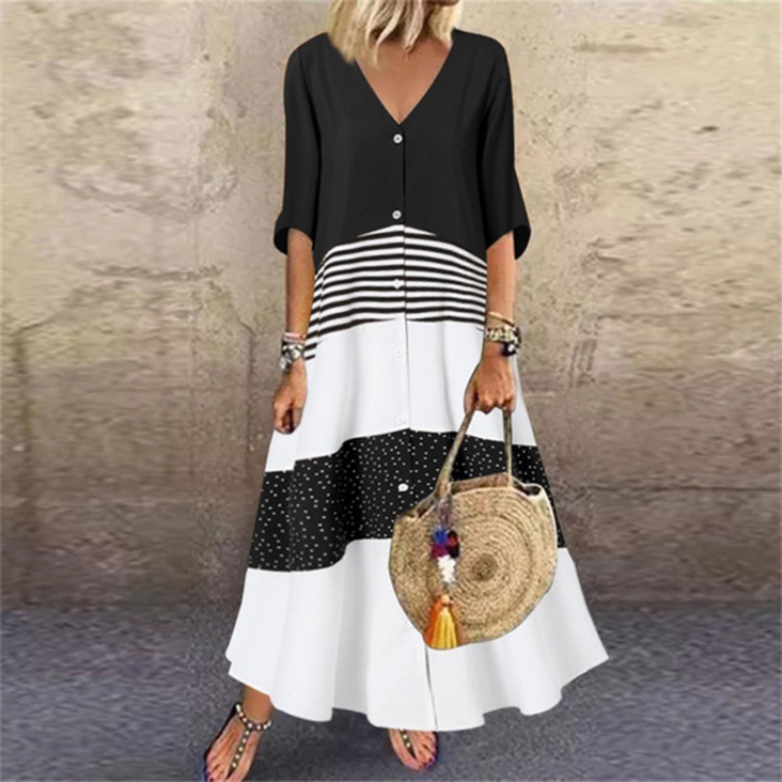 Tunika Kleid Damen Sommer Lang Sommerkleid Damen Elegant A Linie Maxikleider V Ausschnitt Mit Knopfleiste Boho Kleider Frauen Halbarm Blumen Sommerkleider Leicht Und Luftig Strandkleid Locker