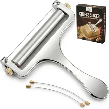Wire Cheese Slicer for Block Cheese, with 2 Extra Wires, Adjustable Hand-Held Cheese Cutter for Mozzarella, Cheddar, Gruyere Silver