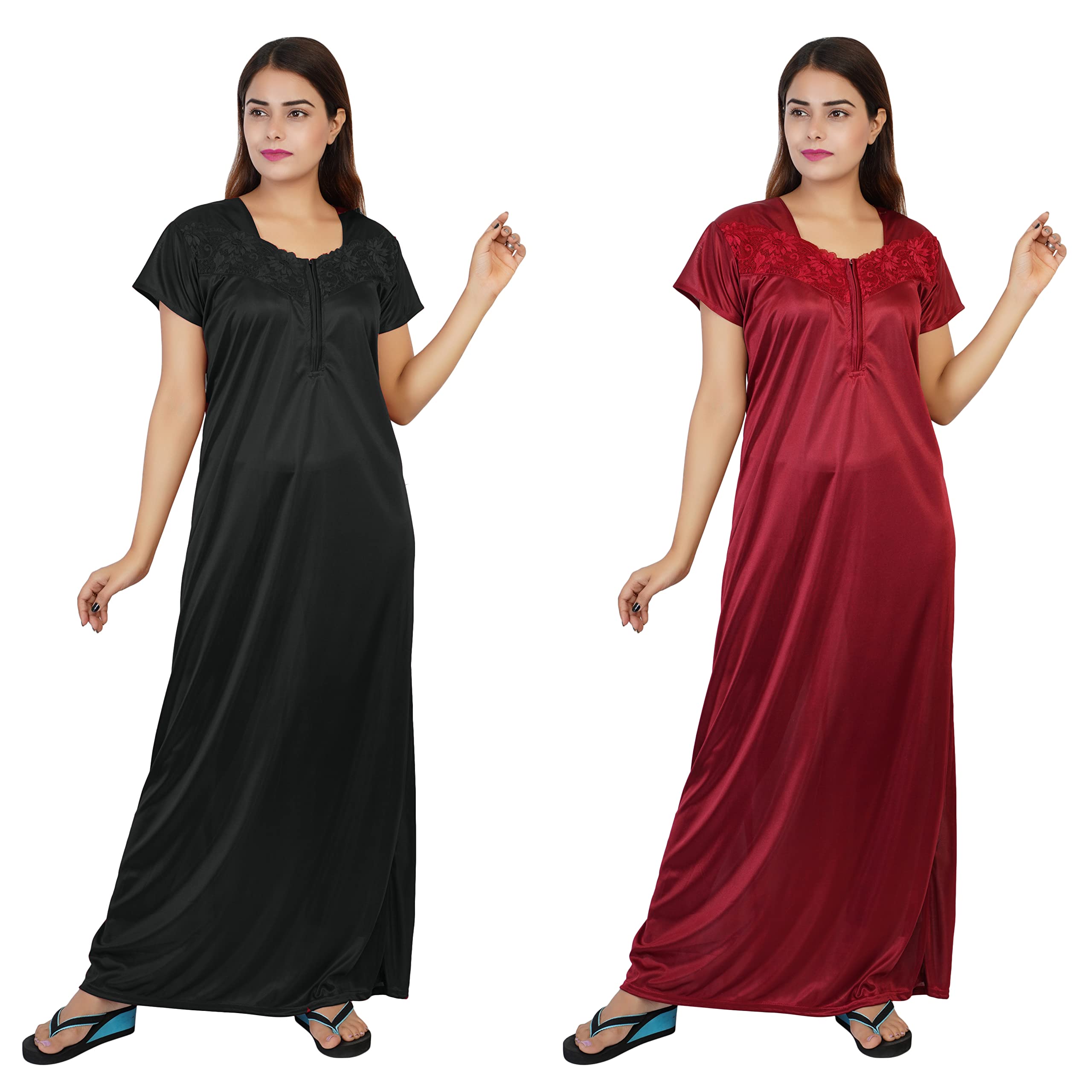 Women's Satin Nighty| Half Sleeves | Night Wear | Maxi for Women's (Combo Pack of 2) | Size-XXL, Sweetheart Neck (Article-442B) Black and Maroon-picture-40