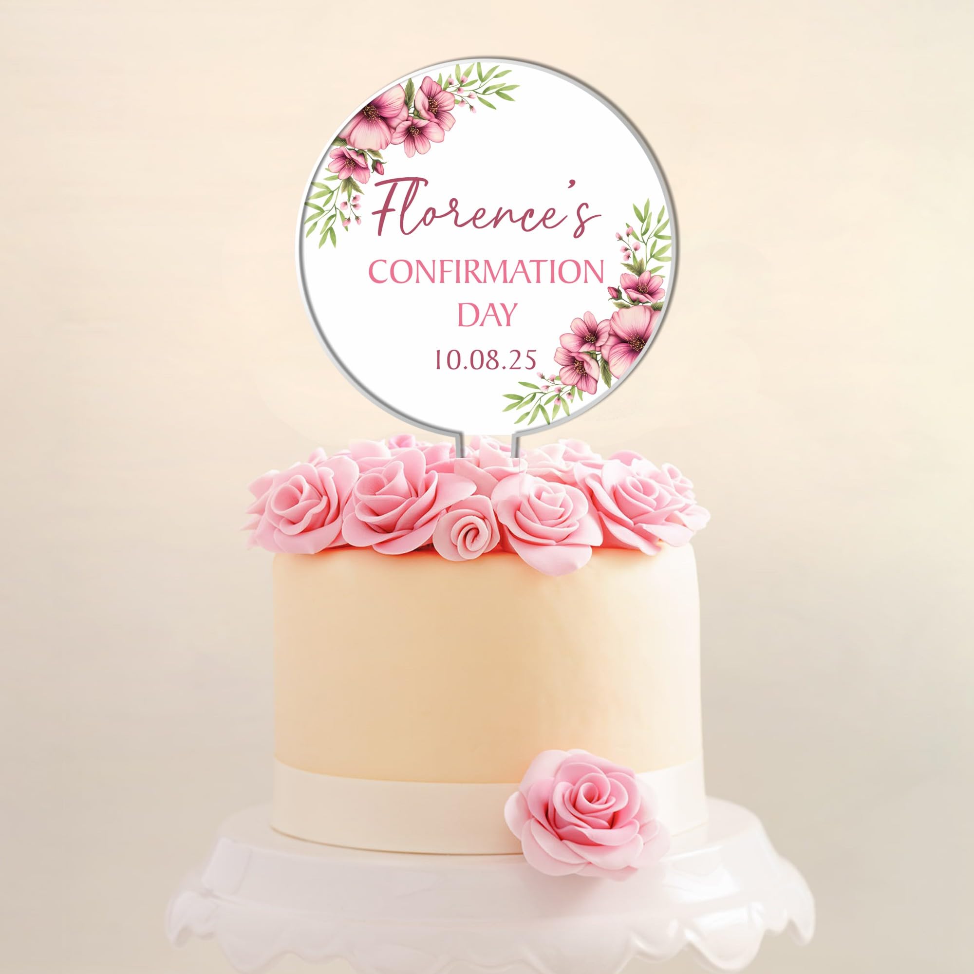 Personalised Floral Acrylic Cake Topper – Custom Child's Name & Date in Blue Pink Yellow for Christening Communion Confirmation Religious Ceremonies (Pink, Confirmation Day)