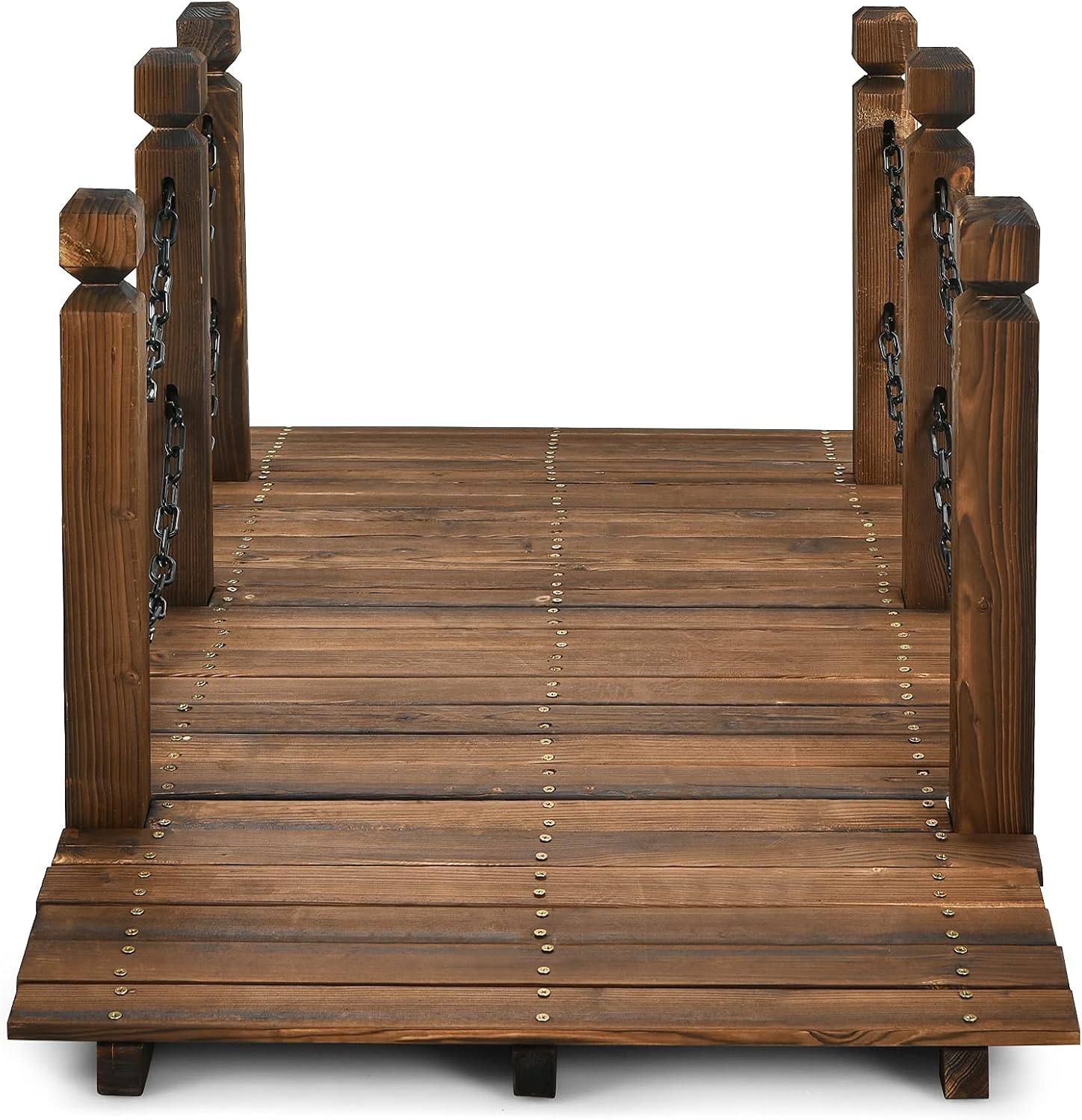 Giantex 5 FT Wooden Garden Bridge, Stained Wood Arc Footbridge with Chain Railings for Backyard Creek Farm, Decorative Pond Bridge, Easy to Assemble, 400 lbs Capacity (Brown)