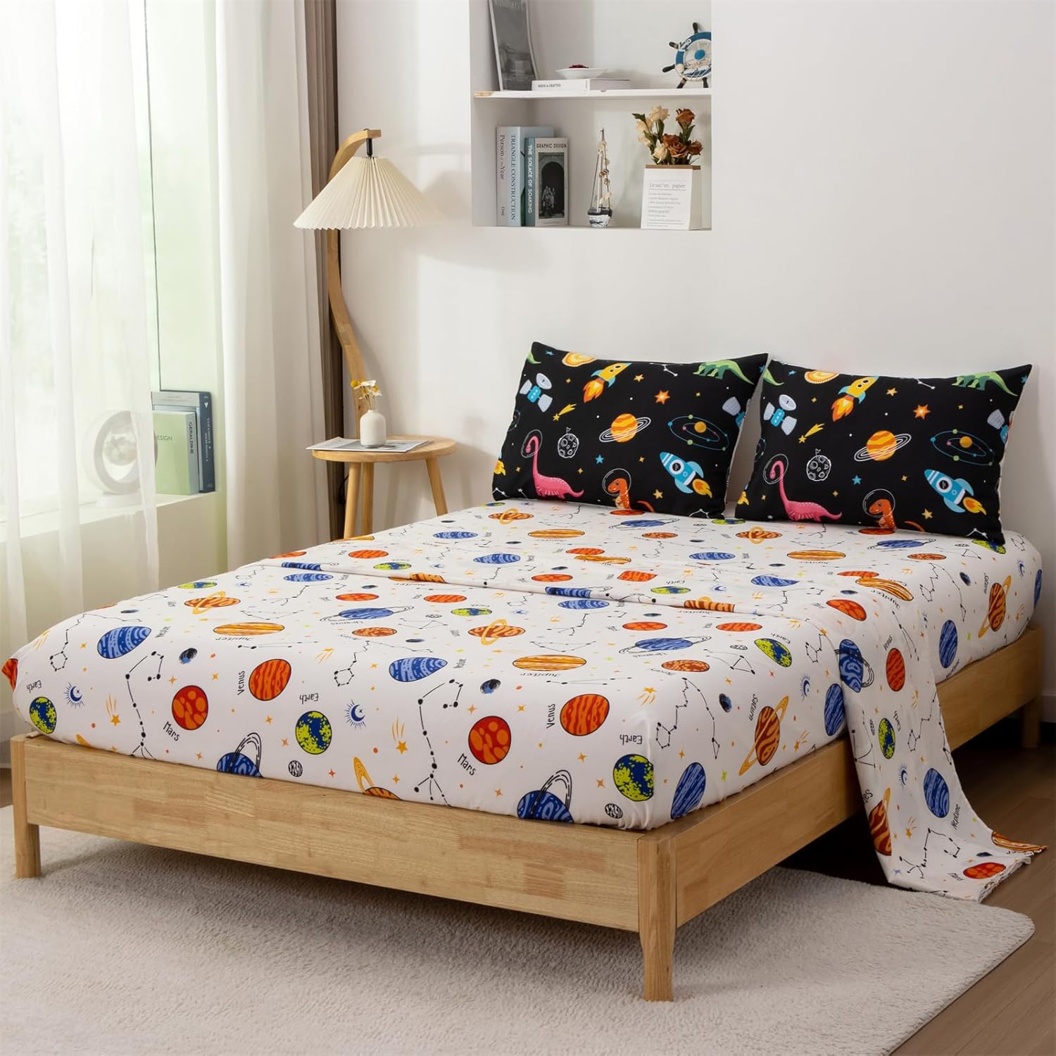 Aimuan Space Dinosaur Comforter Set Kids Animals Bedding Set Super Soft & Cute Aliens UFO Dinosaur Printed for Boys Girls Teen (Black-Green, Twin 5Pcs)