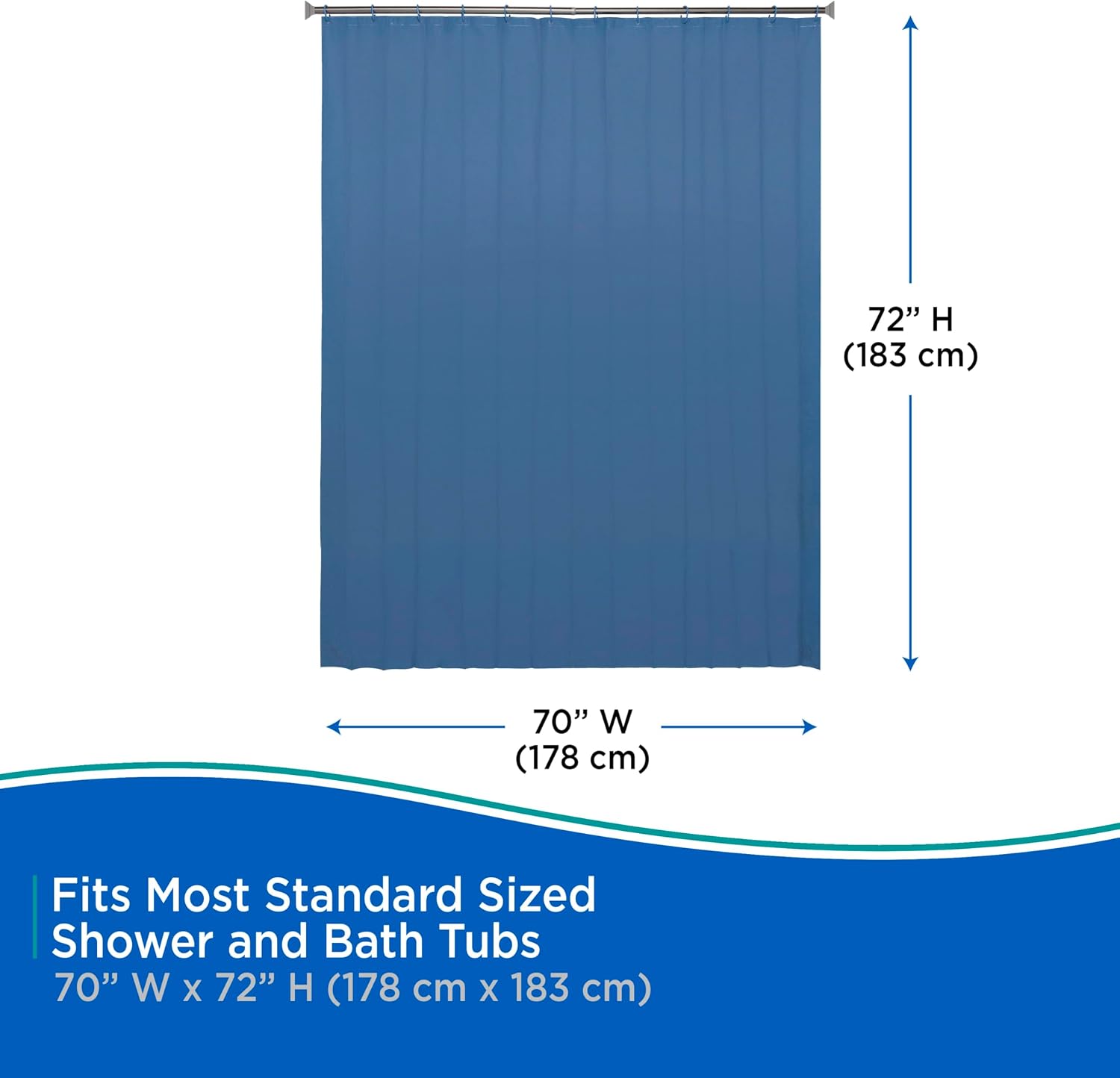 Kenney KN61752 Lightweight 3 Gauge Waterproof PEVA Shower Curtain Liner with Durable Eyelet Hang Holes, Weighted Magnetic Hem, and 12 Piece Plastic C-Ring Set for Bathroom, 70" W x 72" H, Blue