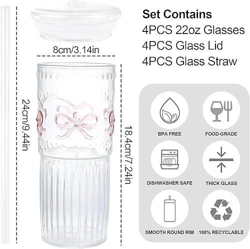 Miniatura 8 de Juego de 4 vasos vintage para beber con tapas y pajitas de bambú, juego de vasos altos de agua potable acanalados, tazas de café helado de vidrio