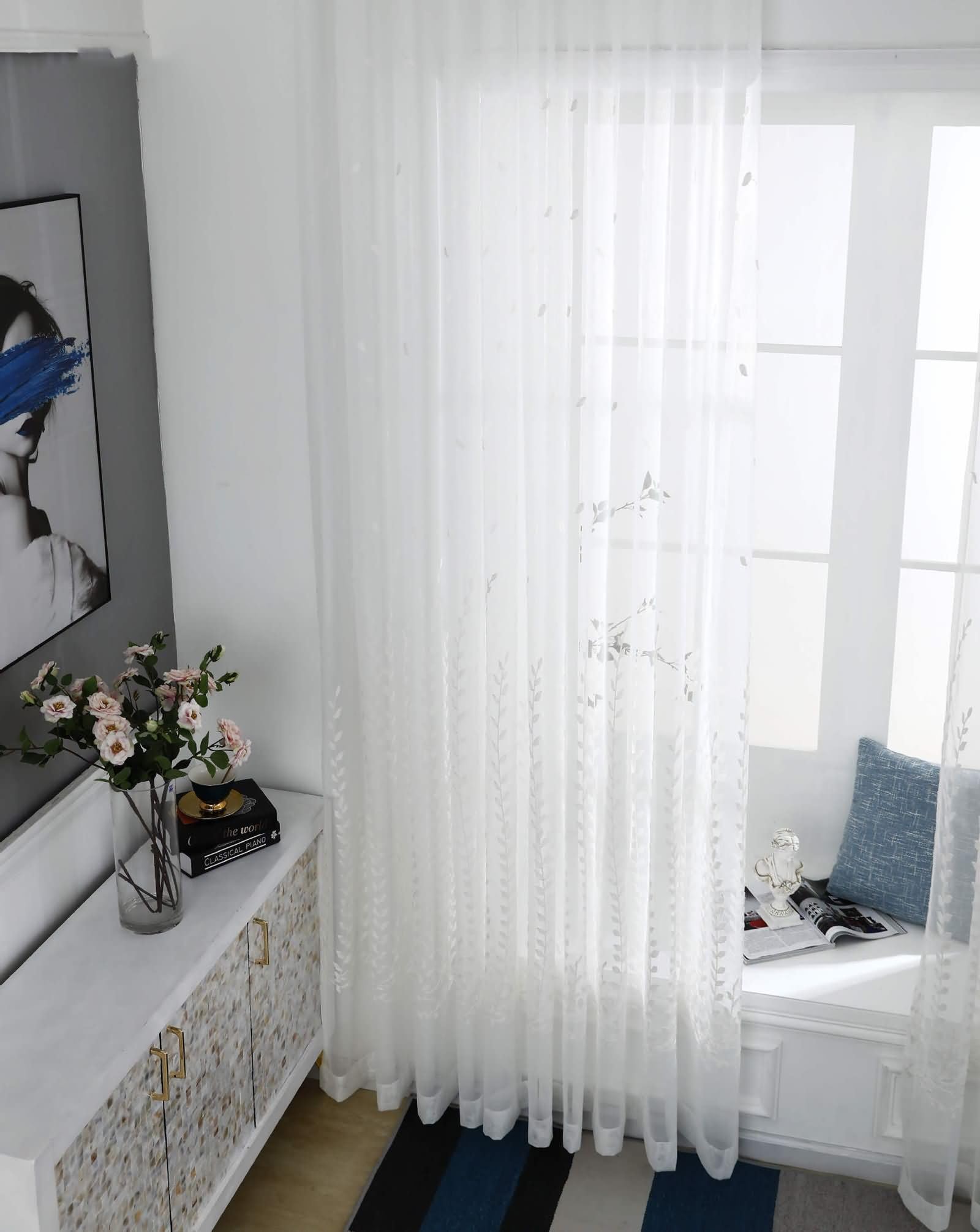 Tenda Salotto Trasparente, 250x270cm Modello a foglia jacquard Tenda decorativa per camera da letto/cucina, Occhiello, Bianco