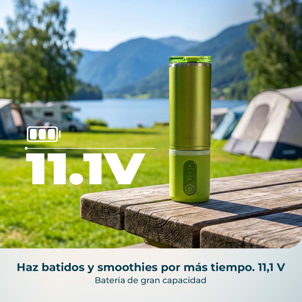 Cecotec Batidora de Vaso Portátil con 11,1V Power Titanium Shake2Go Lagoon Steel. 180W, Vaso Metal 600ml Libre BPA, 3 Programas Automáticos, Carga USB-C, Bebidas Frías por Más Tiempo