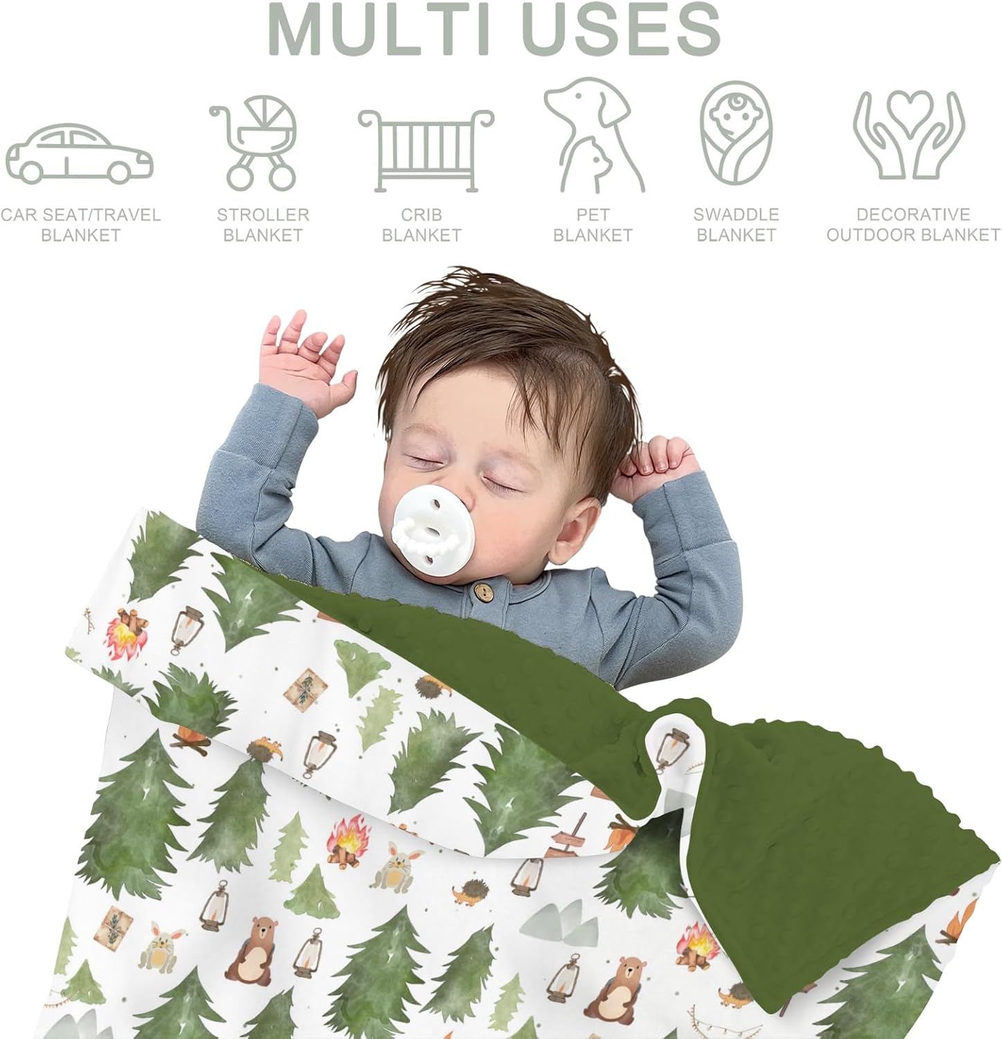Camping Animals Baby Blankets for Girl Boy Bear Bunny Hedgehog Green Trees Soft Mink Dotted Backing Double Layer Swaddle Blanket for Toddler Nursery Wildlife Adventure Bed Blanket Crib 30x40