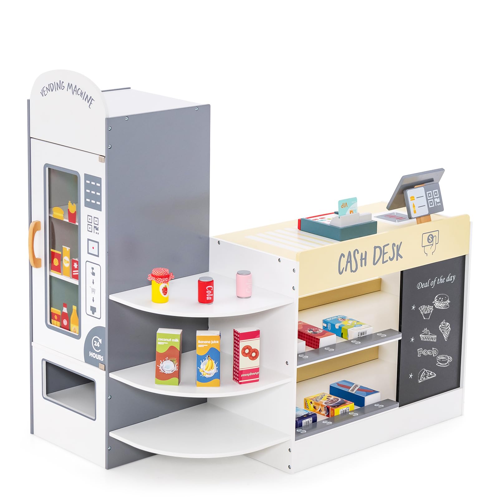 Maxmass Kids Pretend Grocery Store, Wooden Children Supermarket Playset with Rich Accessories, Vending Machine, Scanning Area, POS Machine & Screen, Toddler Play Shop for 3-8 Years Old (15PCS, White) — image 1