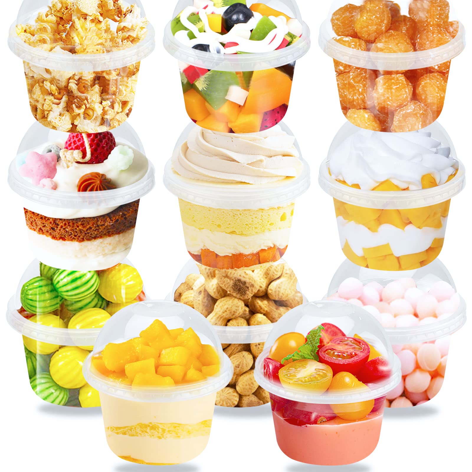 Panxxsen50 Pcs 8oz Clear Plastic Cups with No Hole Dome Lids,Disposable Parfait Cups with Dome Lids,PET Dessert Cups,Fruit Cups with Sporks for Dessert Salad and Fruit