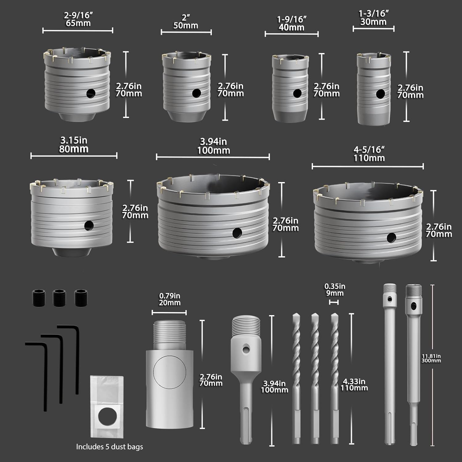 CATITO 19 Pcs Concrete Hole Saw Set, 30/40/50/65/80/100/110mm Concrete Hole Saw Kit, Masonry Hole Saw, Connecting Rods for SDS Plus & SDS Max, 5pcs Dust Bag, Cement|Brick Stone|Wall
