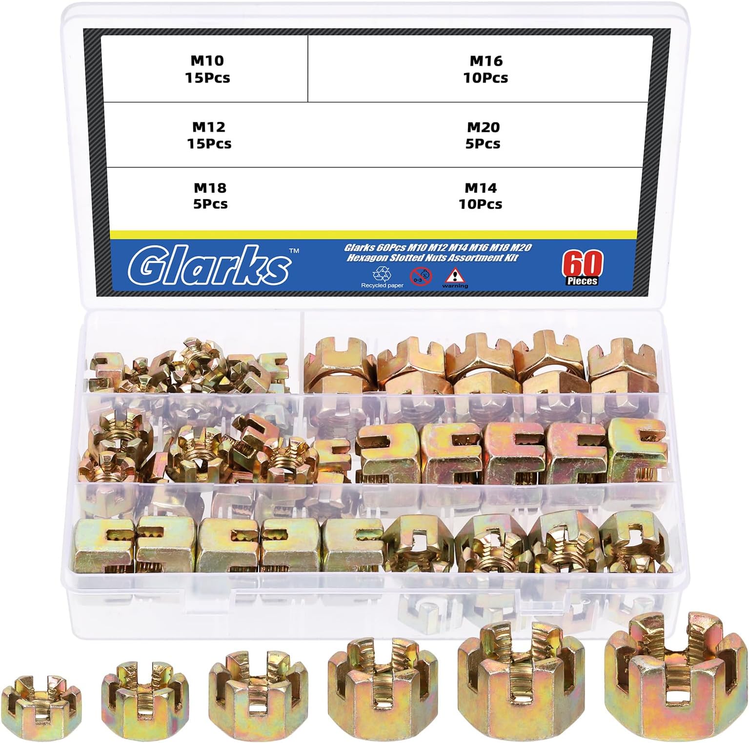 60Pcs M10 M12 M14 M16 M18 M20 Hexagon Slotted Nuts Assortment Kit, 6 Size Carbon Steel Hex Castle Nuts for Car Moto Furniture Fasteners Repair