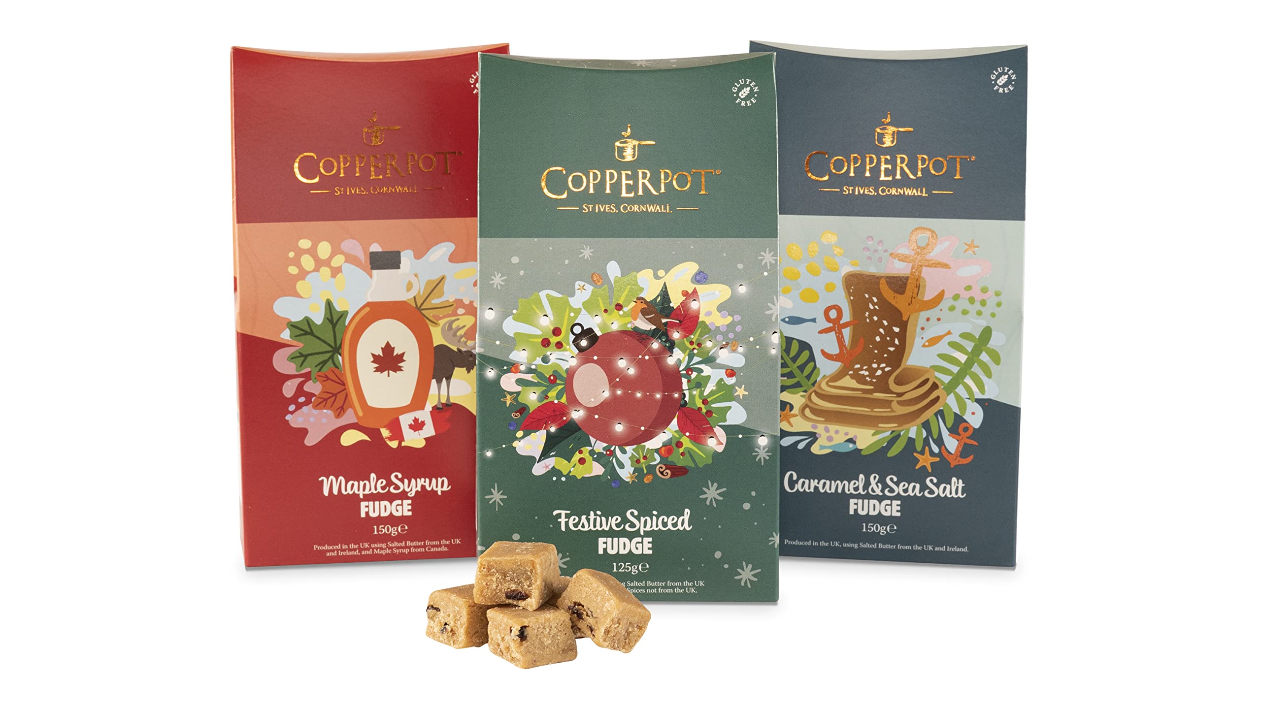Copperpot ® | Cornish Fudge Sweets Gift Box | Salted Caramel, Maple Syrup & Festive Spiced | Gluten Free & Vegetarian | Made in Cornwall | Pack 3 Units x 150g