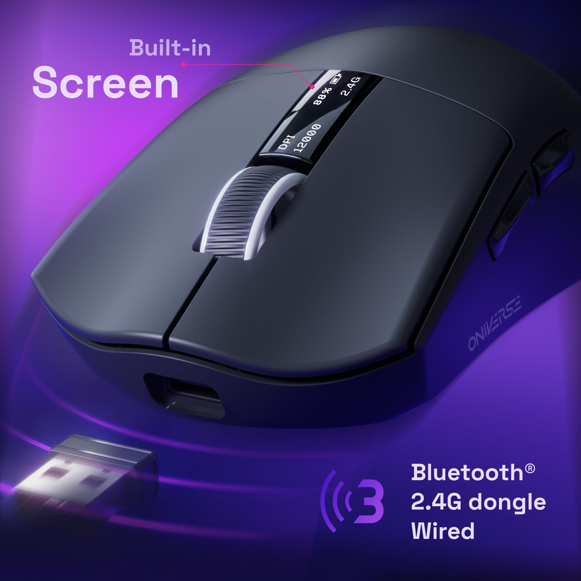 Mouse gamer wireless con dock di ricarica - Sensore PixArt 12.000 DPI, 3 modalità di connessione (2.4G/Bluetooth/cablato), display integrato, Polling rate 1000 Hz, per PC/Mac/PS5/PS4