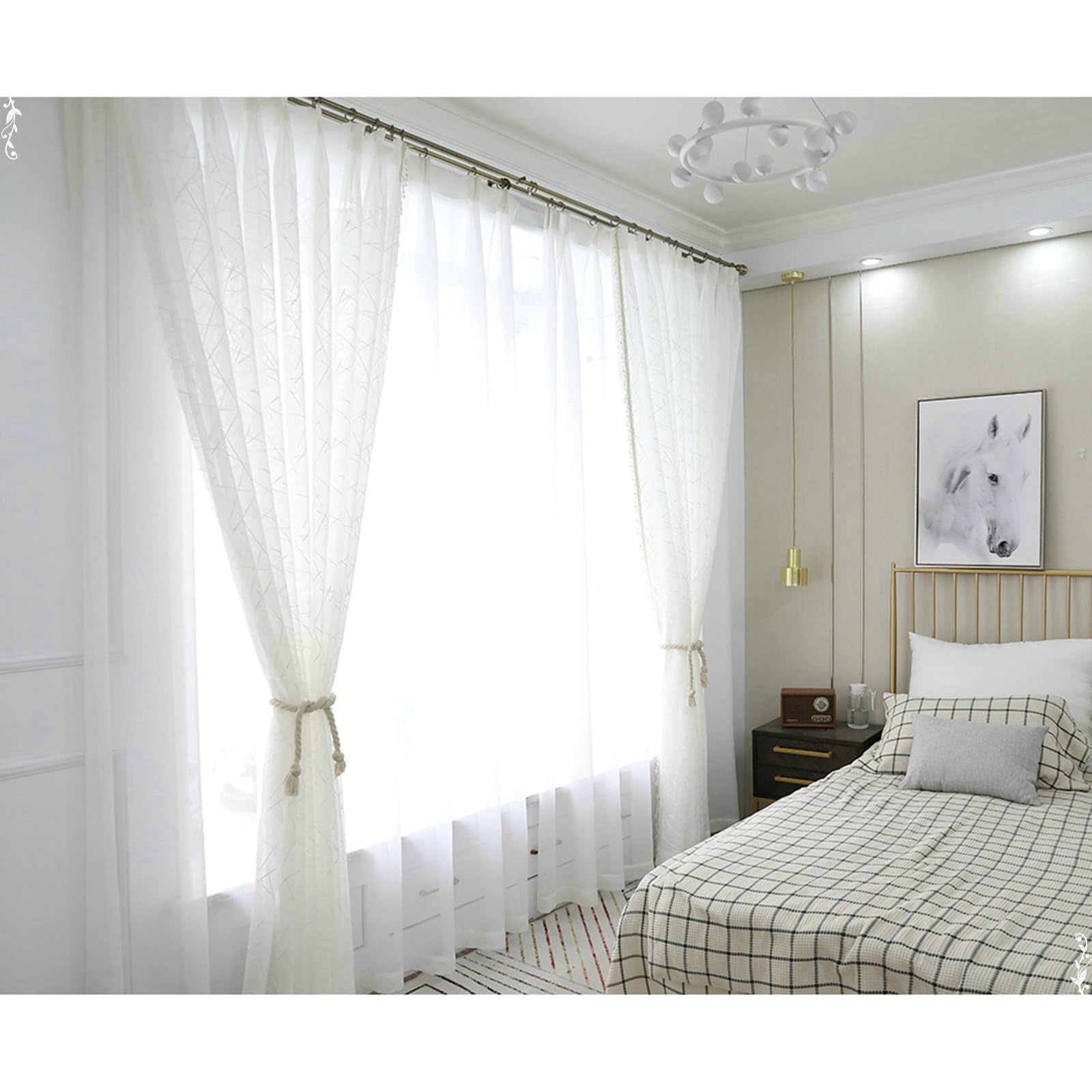 Gualiy Durchsichtige Vorhänge Transparent, Gardinen Wohnzimmer 2er Set Weiß Haken 107x132CM Geometrische Linien Gestickt Vorhang für Wohnung