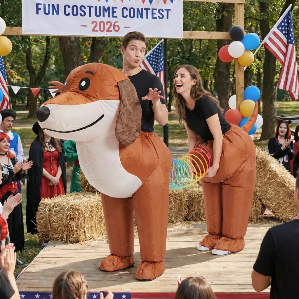 Couple Inflatable Dachshund Costume for Adults, 2 Person Funny Dog Blow Up Costume for Men Women Halloween Cosplay Outfit, Team-Building Party Air Blow Up Suit