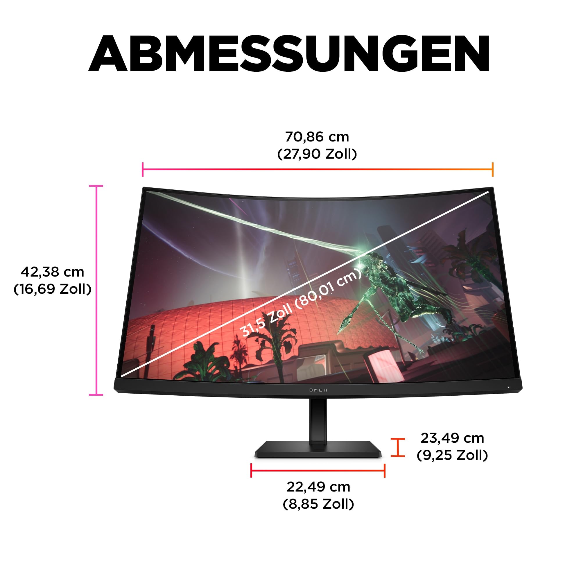 HP Omen 32c Gaming Monitor - 31,5 Zoll Bildschirm, QHD Display, 165Hz, AMD FreeSync Premium, 1 ms Reaktionszeit, 2X HDMI 2.0, Display Port 1.4, Audioausgang, Curved, schwarz