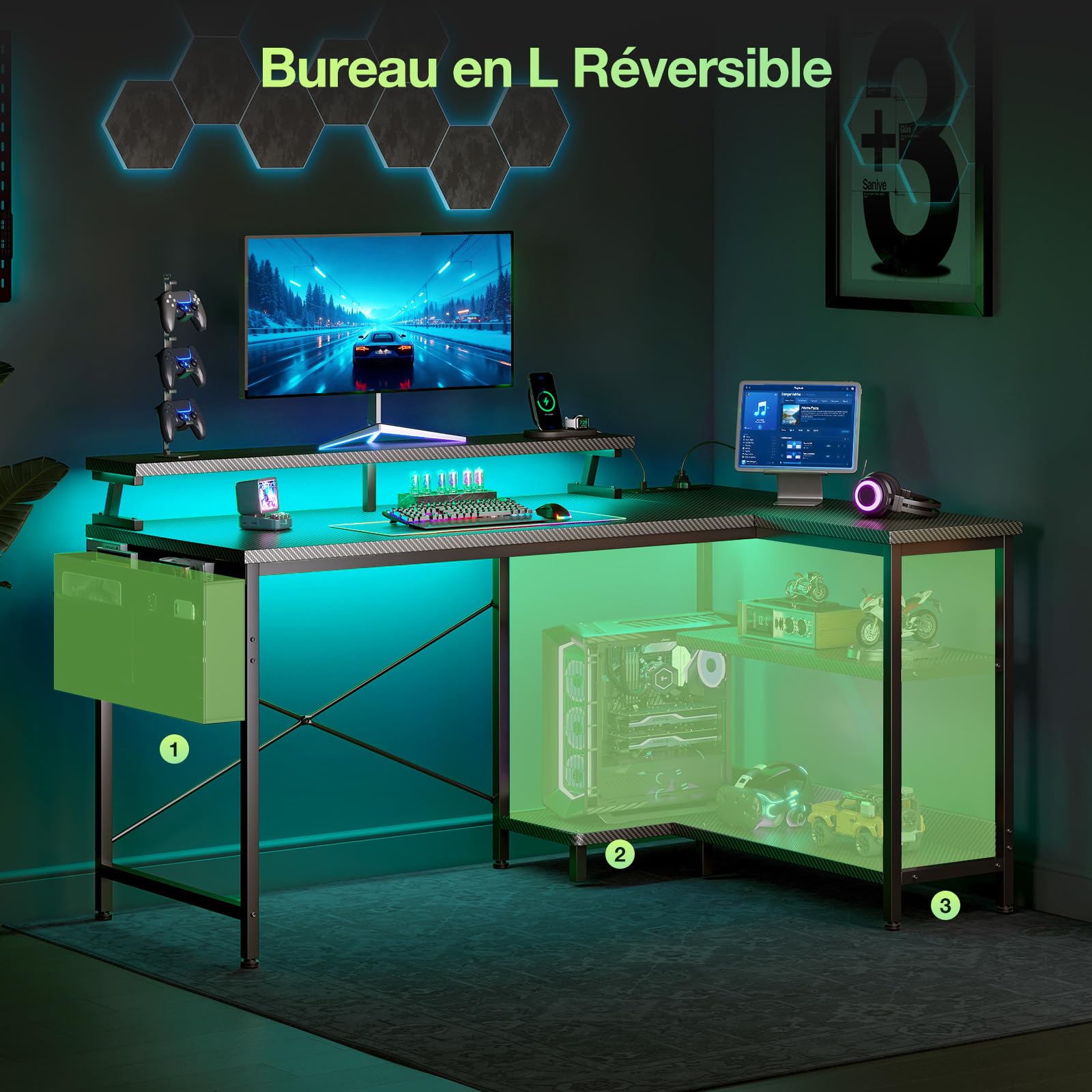 Coleshome Bureau d'angle avec Lumières LED, 120x80cm Bureau Gaming Angle avec Port de Charge USB et Prise de Courant, Bureau Gamer en L pour Domicile, Carbone Noir