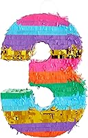 Vista 9 de BLUE PANDA Piñata número 3, vibrante piñata arcoíris para decoración de fiesta de tercer cumpleaños, diseño fácil de rellenar para decoración