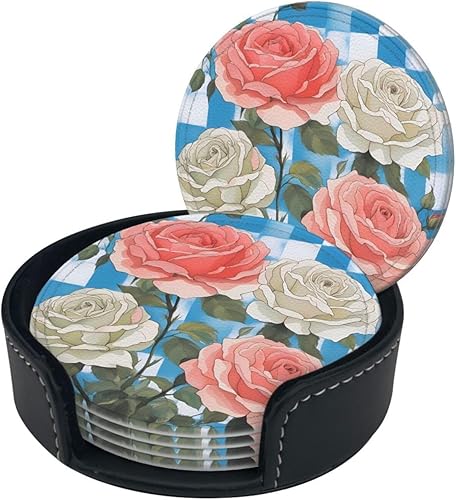 Miniatura 2 de Plaid Background Roses Fashionable Printed Leather Coaster Set,A Set of 6 Pieces,4 Inches in Diameter,Adding an Artistic Atmosphere to Your Desktop