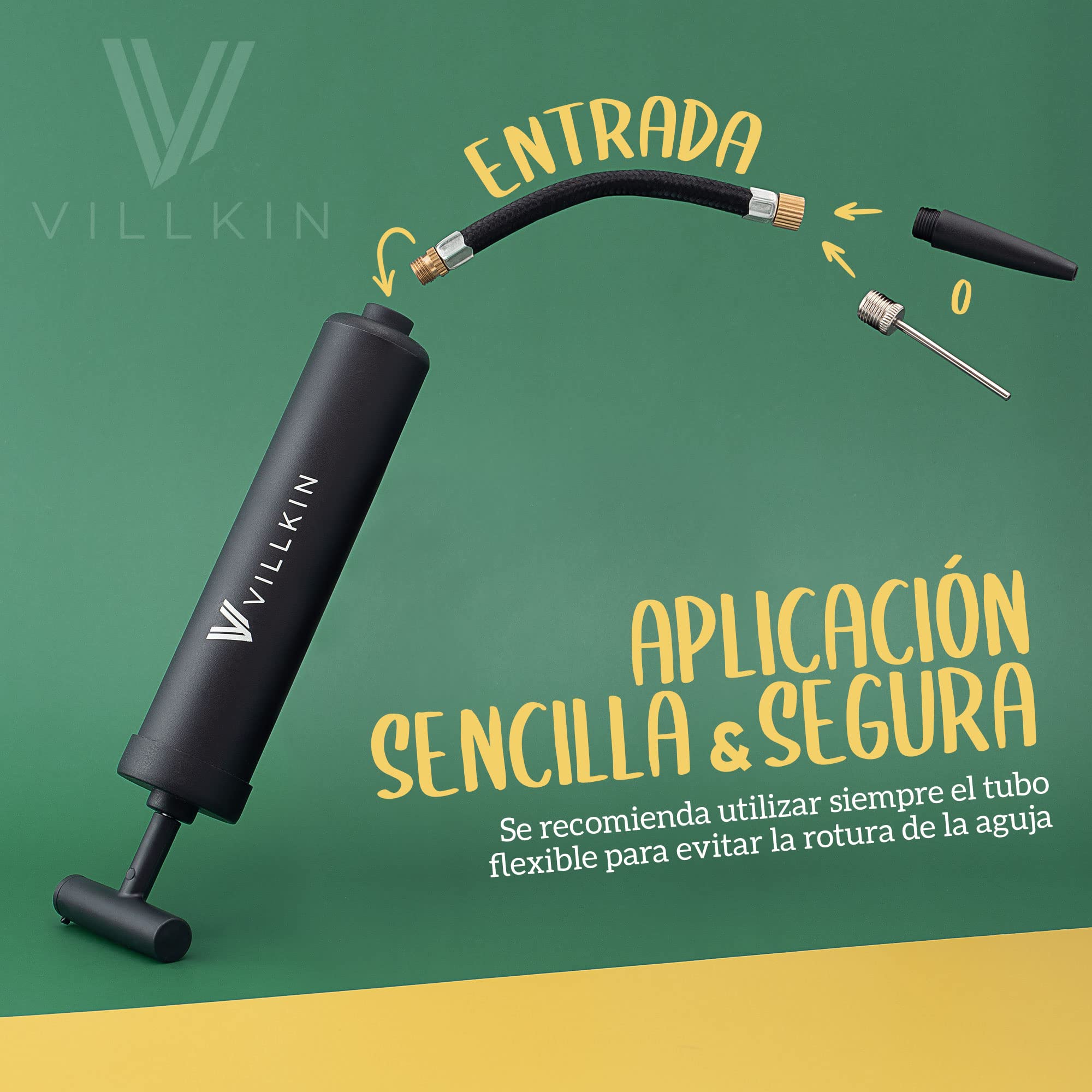 Villkin Inflador para Pelotas con 4 Agujas de Metal, 2 Boquillas de Plástico, Manguera Flexible - Negro