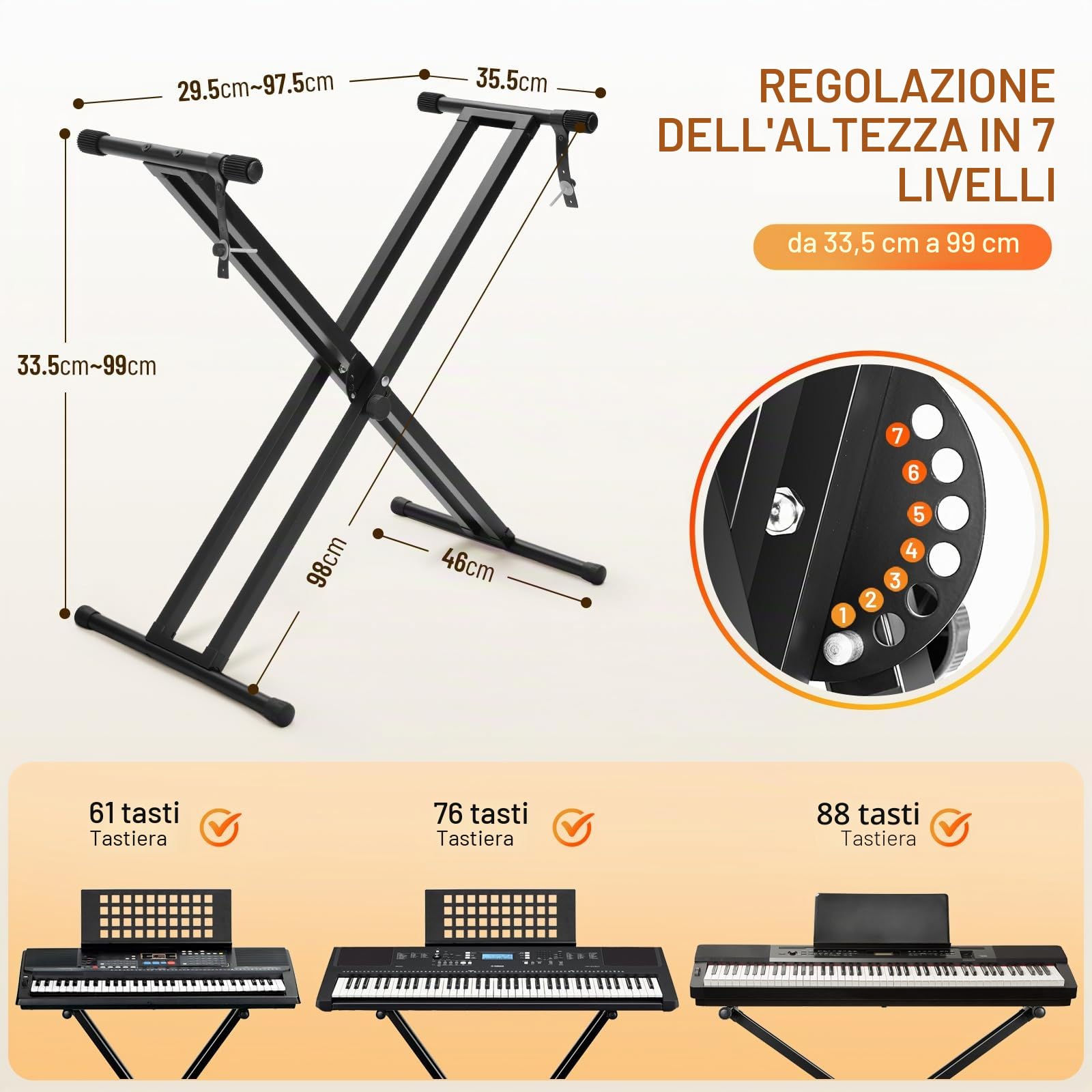 CAHAYA Soluzione completa per tastiera e tastiera, 6 livelli, regolabile in altezza, doppio supporto per tastiera, 61, 76 e 88 tasti, capacità di carico 168 kg, nero