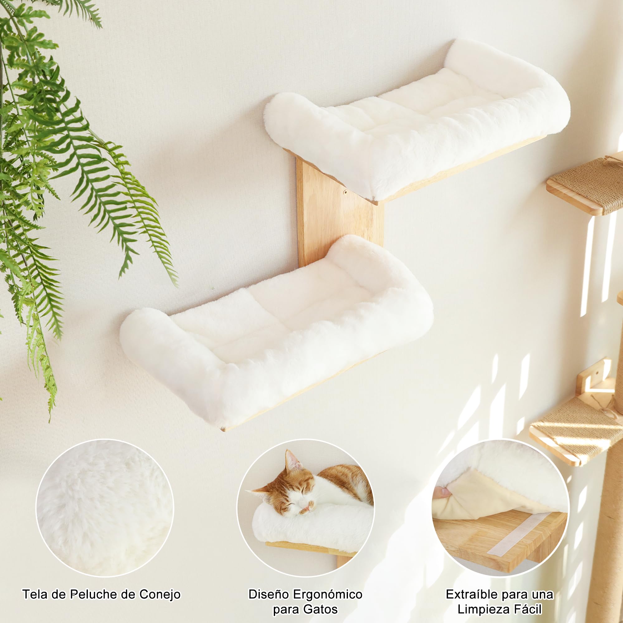 FUKUMARU Estantes de pared para gatos, 2 plataformas, muebles de pared para gatos, estante flotante en forma de árbol con cojín suave, percha de madera maciza para gatos de 16 pulgadas, apto para