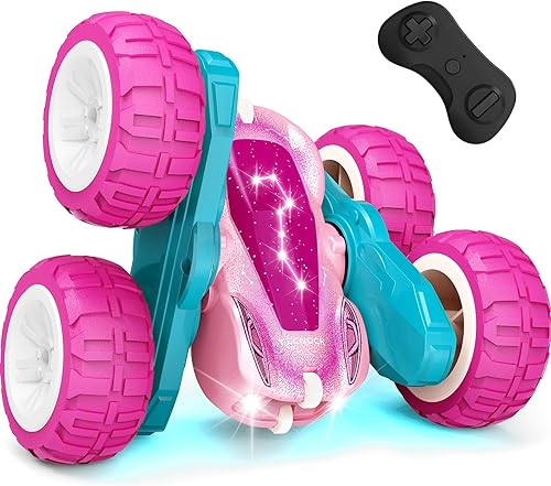 Tecnock Auto de control remoto rosa para niñas y niños, autos RC de 2.4 GHz con USB-C de fácil carga, 4WD de doble cara gira y voltea el auto de