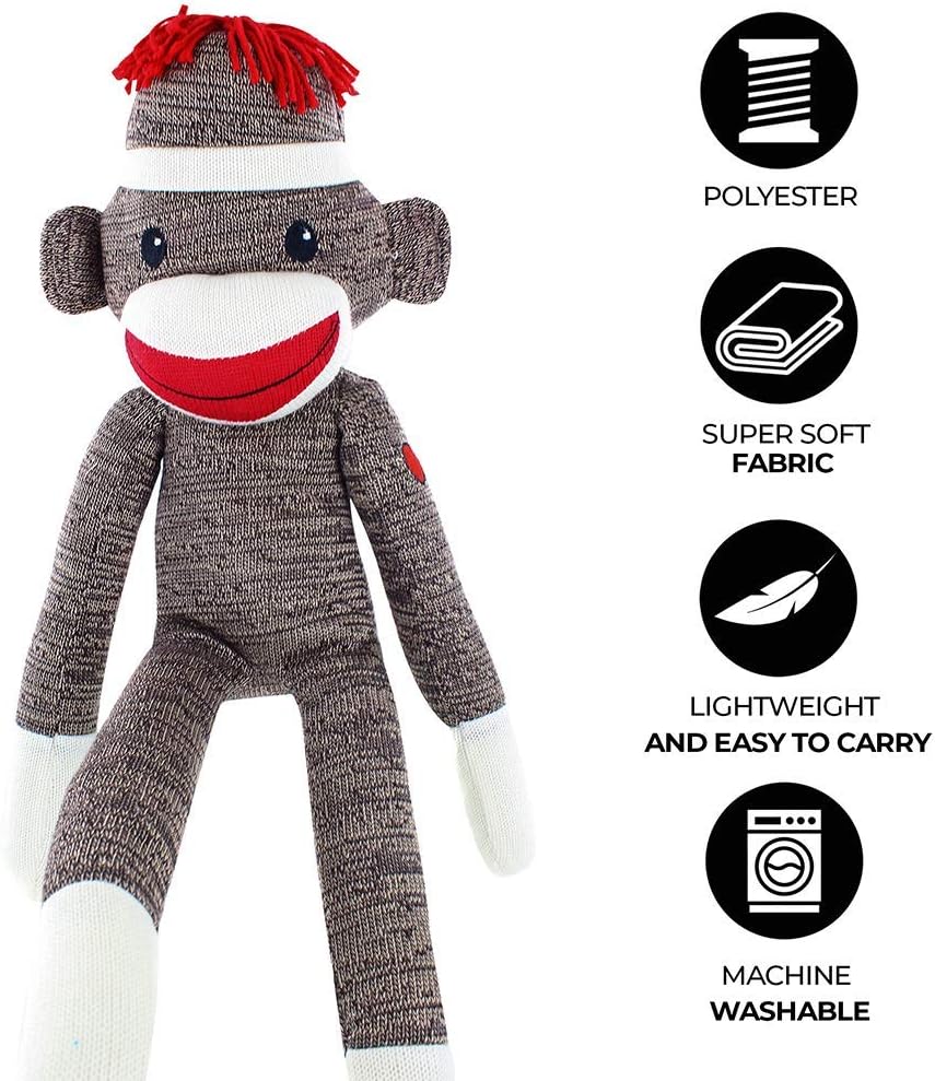 Plushland Adorable Sock Monkey, The Original Traditional Hand Knitted Stuffed Animal Toy Gift-for Kids, Babies, Teens, Girls and Boys Baby Doll Present Puppet 20 Inches (New Brown)