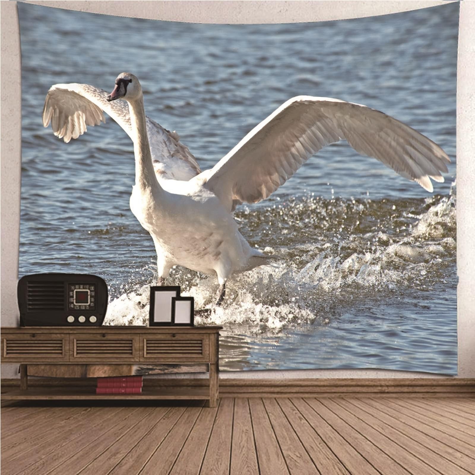 Tapiz Vintage para colgar en la pared, tela blanca y gris, ganso en el mar, decoración de pared, sala de estar, 300 x 260 cm