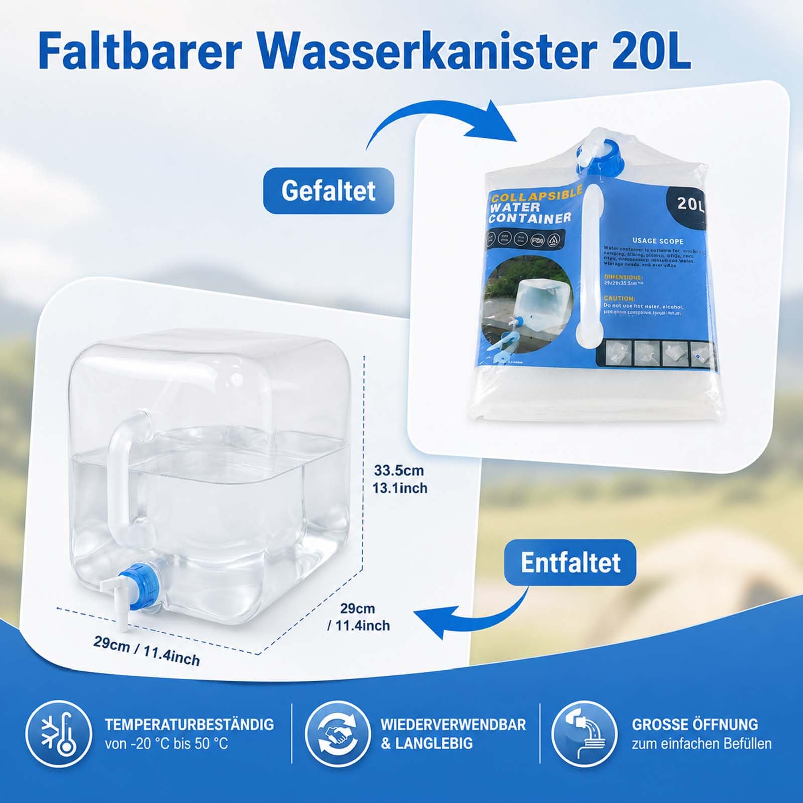 2 x 20L Tanica Acqua Pieghevole con Rubinetto e Maniglia, Contenitore Acqua Potabile BPA Free, Serbatoio Acqua Portatile per Campeggio, Emergenza, Outdoor ed Escursionismo