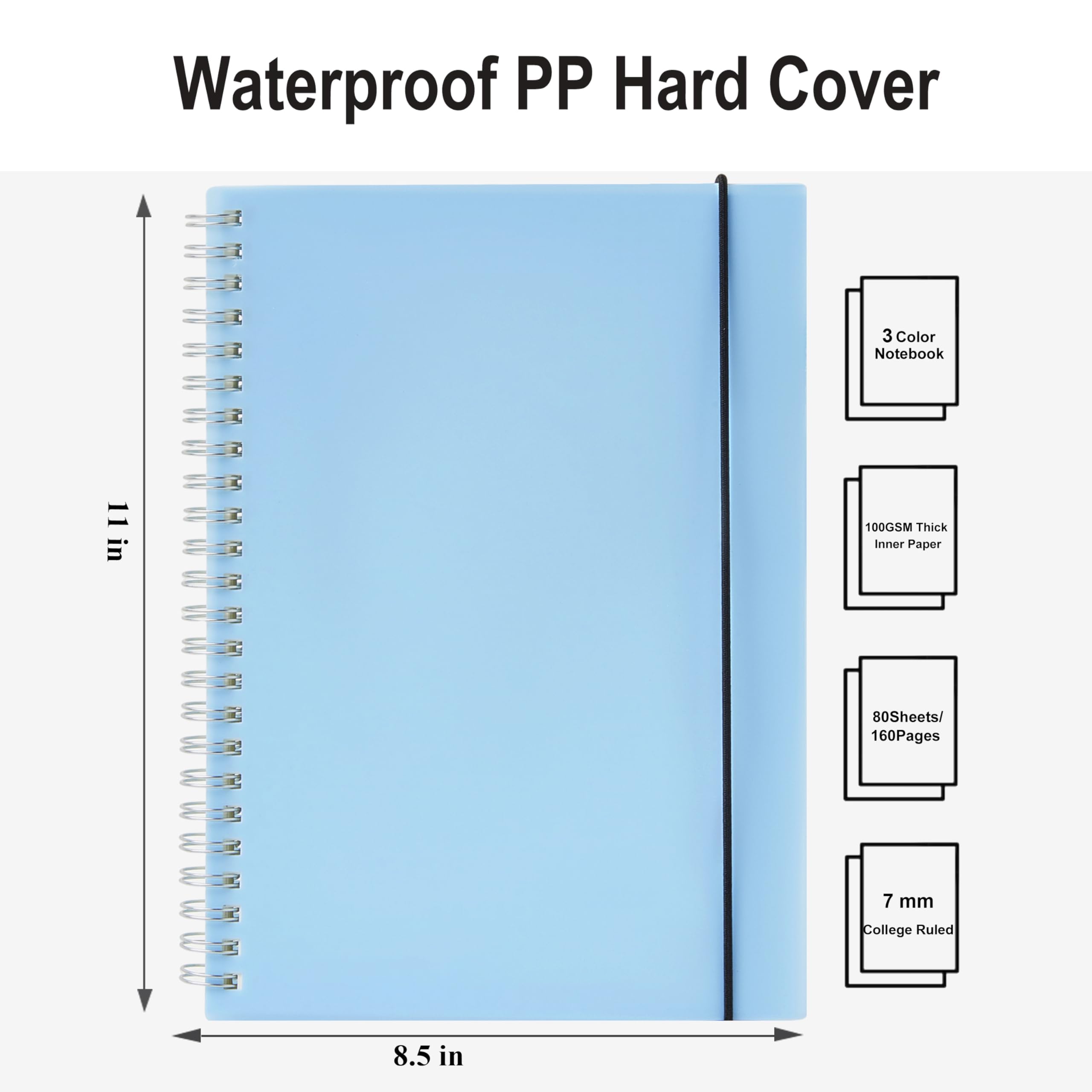 MSTONAL Paquete de 3 cuadernos en espiral, cuaderno grande con rayas universitarias de 8.5 x 11 pulgadas, 100 g/m², 7 mm, 80 hojas/160 páginas, cuaderno rayado universitario para escuela, oficina,