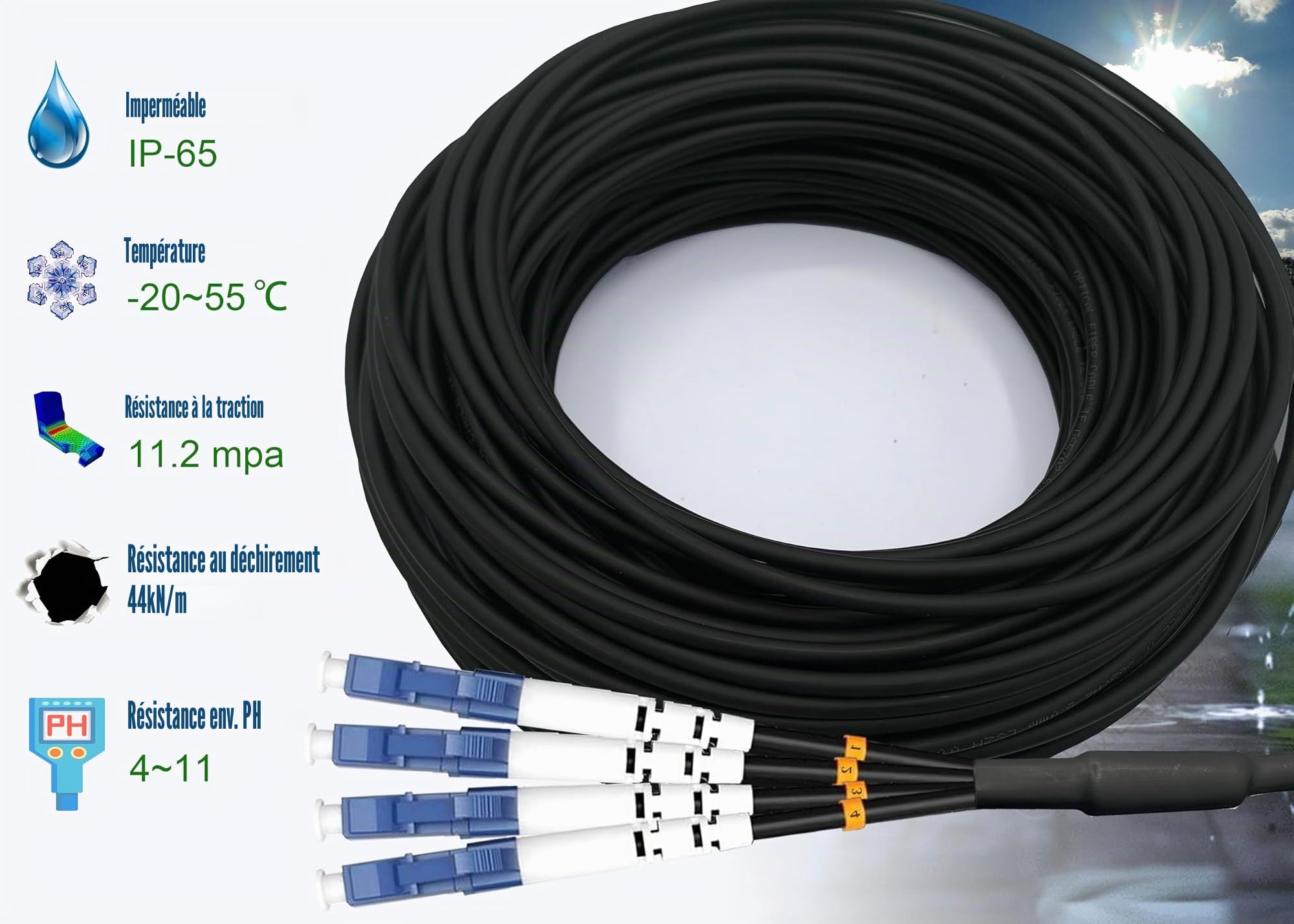 Elfcam® - 100m Câble Fibre 4 Fibres avec Connecteurs 2x Duplex LC/UPC vers 2x Duplex LC/UPC, Fibre Optique Monomode 9/125um OS2, 100 Mètres