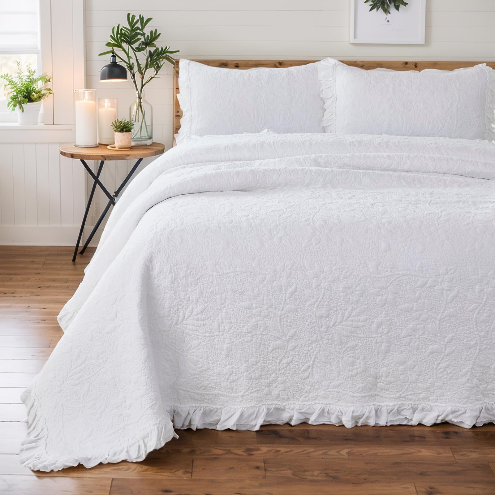 Brandream White Quilt Set King Size Cotton Shabby Chic Bedding Matelasse Coverlet Set Ruffle Bedspread 3-Piece