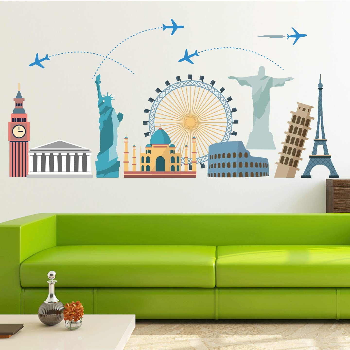 StickMe ‘Travel Around The World – World Wonders – Trip – Tour – Journey – Airplane – Creative – Colorful – Wall Sticker’ -SM074 (Multi Colour, Vinyl – 100cm X 60 cm)