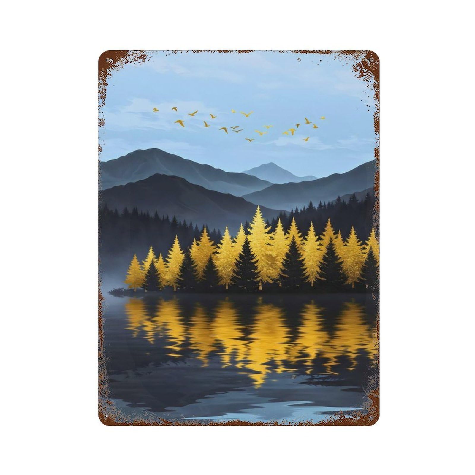 Rustic Tin Plaque with Golden Trees Reflecting in Lake Design 15.7"x11.8", for Cafe, Home Bar And Lounge Decor, Industrial Home Decor