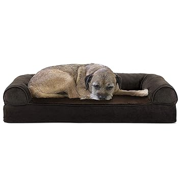 Furhaven Pet Faux Fleece & Chenille Soft Woven Cooling Gel Top Sofa Pet Bed, Medium, Coffee
