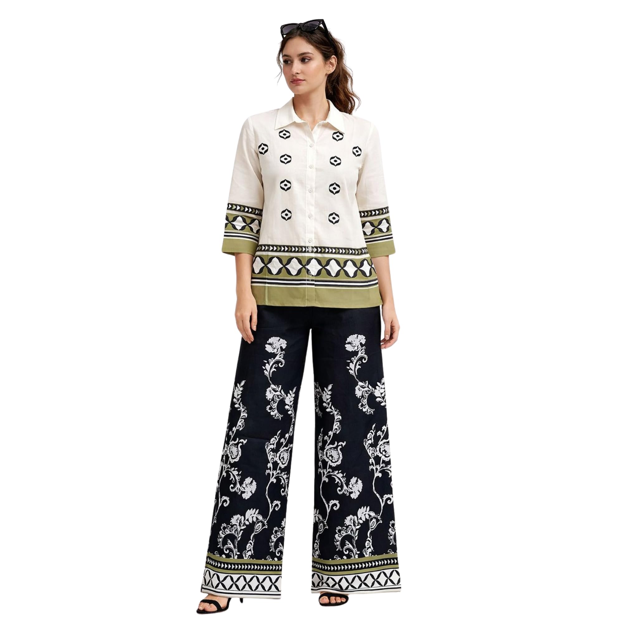 Women's Cotton Blend Collared Co-Ord Set with Palazzo Pants | Black | L-image-35