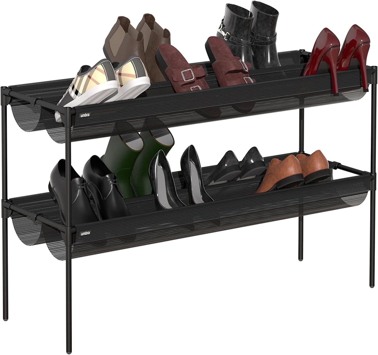 Umbra Shoe Sling, Stacking Shoe Rack Organizer - Two-Tiered Shoe Rack with Textile Slings, Holds up to 18 Pairs of Shoes, Black,4.565" x 3.575" x 38.775"