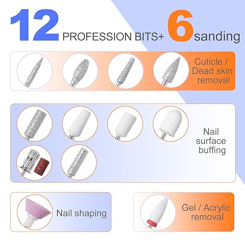 Miniatura 6 de Kit de taladro de uñas MEKK, taladro eléctrico profesional de 35000 RPM con 12 piezas de brocas, lima de uñas eléctrica anti-sacudida sin cable