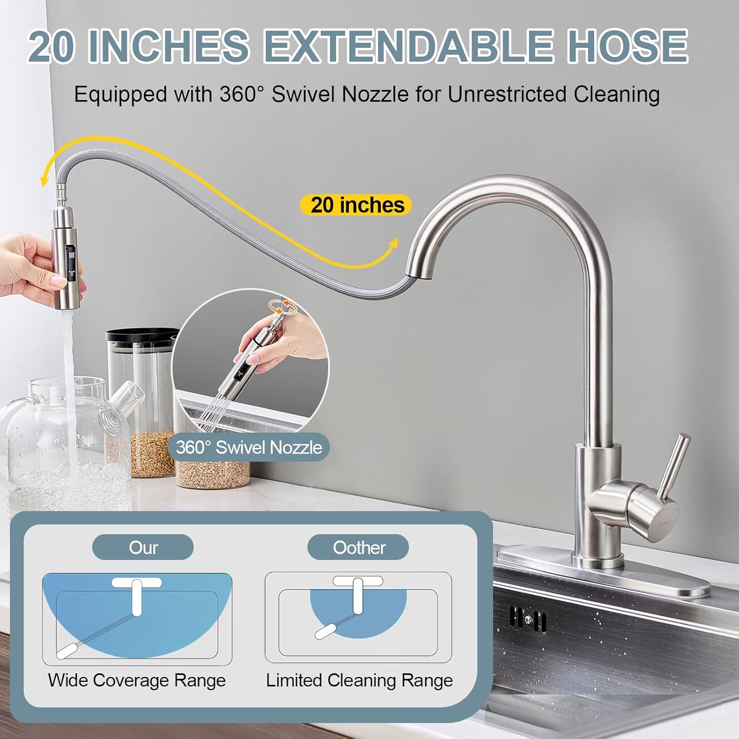 Kitchen Faucets with Pull Down Sprayer, Brushed Nickel Single Handle High Arc Stainless Steel Sink Faucet with Deck Plate, 1 or 3 Hole Deck Mount for RV, Bar, Farmhouse, Laundry, Outdoor - Image 2