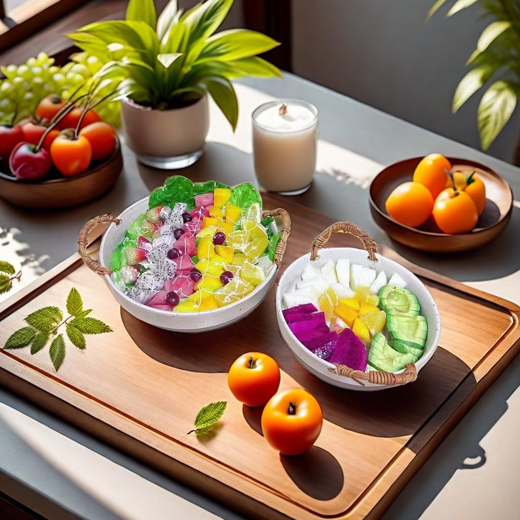Ceramic Fruit Bowl or Salad Bowl with Double Eared Vine Weaving Handles, Ceramic Salad Bowl with Anti Slip Bottom,Large Fruit Bowl for Kitchen Counter(7.5Inches)