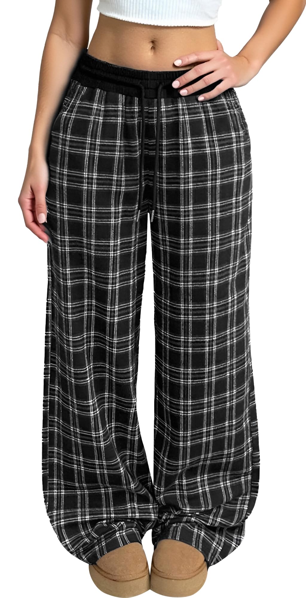 Damen Vintage Karierte Hose Y2K Freizeithose mit Weitem Bein Lange Jogginghose mit Taschen Lockere Loungehose Low Waist Sporthose Streetwear