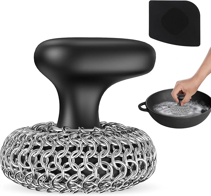 Cast Iron Scrubber | Dish Scrub Brush | 316 Cleaner Chainmail Scrubber for Cast Iron Pan Skillet Cleaner - Dish Scouring Pad Dishwasher Safe Cleaning Kit, Black 02
