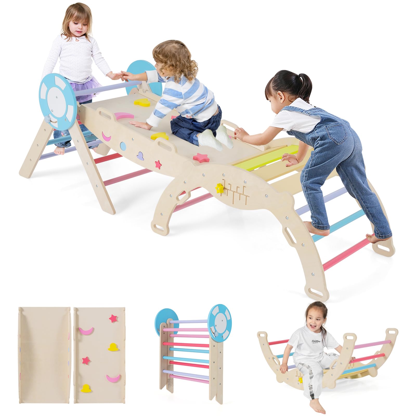 COSTWAY Toddler Climbing Frame, Kids Wooden Climber Toys Set with Arch, Reversible Ramp, Indoor Montessori Play Gym for Boys Girls 3 Years Old+ (7 in 1 Nautical-Themed, Colorful)