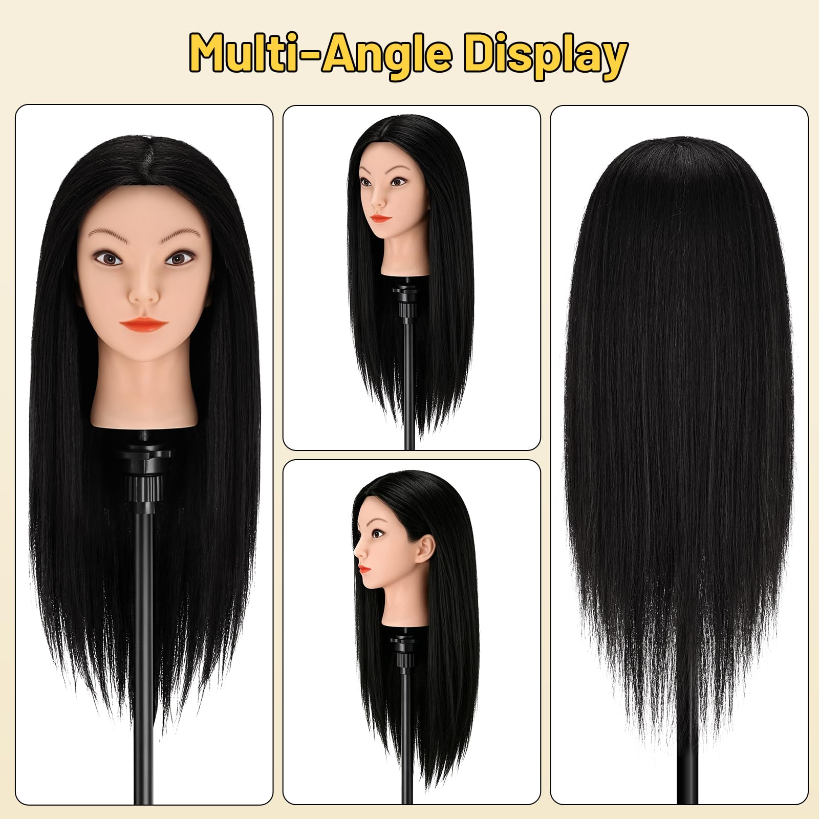 Yofuly Friseur-Trainingskopf, 45,7 cm, 100 % Echthaar, Manikin-Kosmetologie-Puppenkopf zum Flechten & Haarstyling, Übungskopf mit Tischklemme + DIY Zopf-Set (schwarz)
