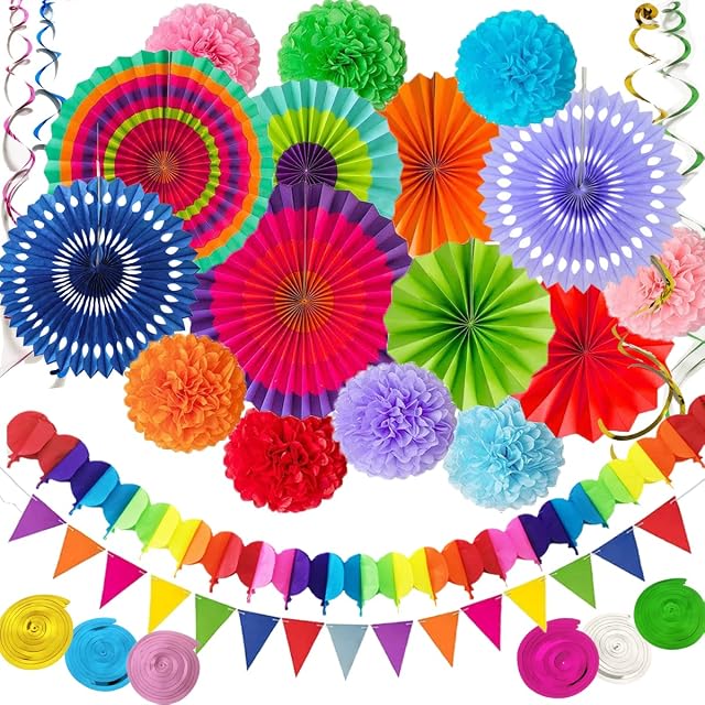 Party Decoration with Rainbow Bunting Tissue Pom Poms Streamers Colourful Hanging Paper Fans and Balloon Paper String 32Pcs for Birthday Parties, Wedding Décor, Garden Festival Decorations (Colorful)