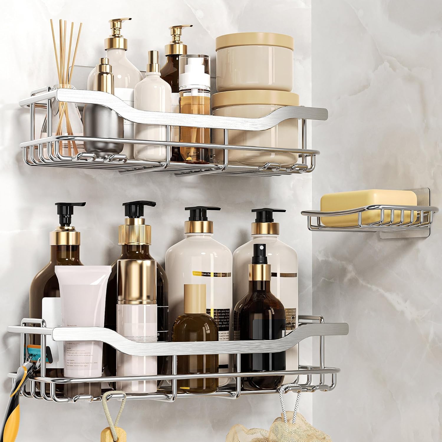 OMAIRA 3-Pack Shower Caddy with Soap Holder, Adhesive Rustproof No-drill Strudy Loading Inside Shower Organizer Shelves Rack Storage Bathroom Organization for Smooth Wall Glass Tile, Silver (X-Large) 3PCS Silver- XX Large