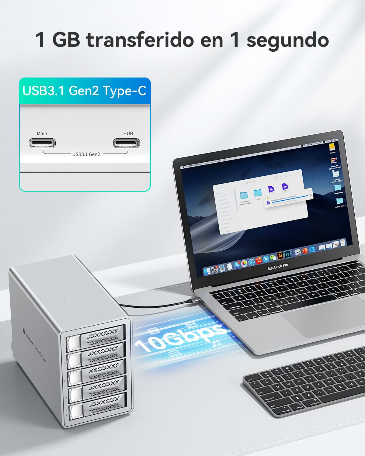 Yottamaster Caja 5 Bahías para Disco Duro, 10Gbps Daisy-Chain 5 Bay Das, Carcasa USB C Das de Aluminio Soporta 110TB (5x22TB) Máximo hasta 330TB para 2.5"/3.5" SATA HDD/SSD (Sin Disco)
